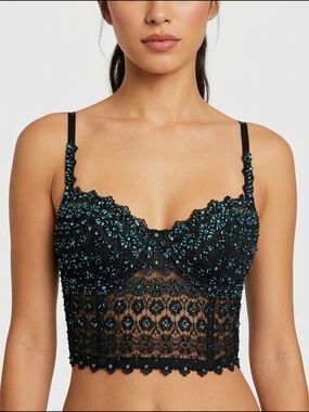 bebe Beaded Lace Corset Bustier Top Black Whimsigoth Y2K M Fits XS-Small